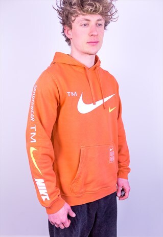 VINTAGE NIKE HOODIE SPELL OUT BIG SWOOSH ORANGE MEDIUM
