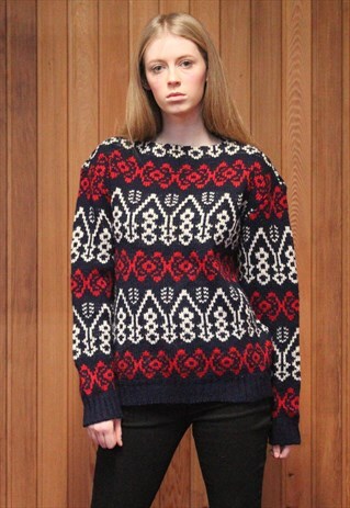 VINTAGE 1980S NAVY BLUE PATTERNED JUMPER