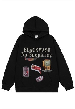 Y2K print hoodie retro poster pullover old wash jumper black