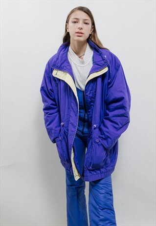 VINTAGE 80S PURPLE ZIP UP WAISTED PADDED SKI JACKET WOMEN XL