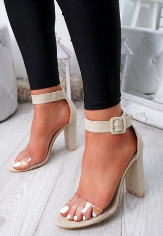 WOMENS ANKLE STRAP HIGH BLOCK HEEL SANDALS BEIGE SHOES
