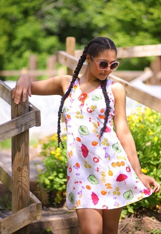 VINTAGE 90'S CHAMPAGNE GLASSES AND FRUIT SUMMER MINI DRESS