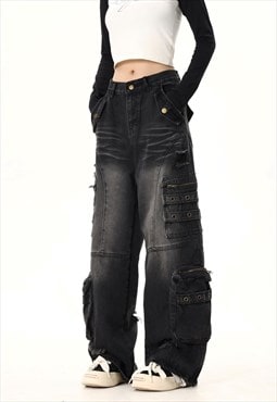 Utility jeans cargo pocket denim pants distressed joggers