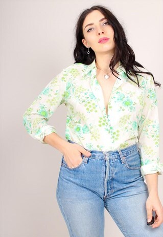 VINTAGE 70S FLORAL PRINT POINTED COLLAR BLOUSE
