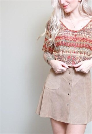 VINTAGE 1970'S RED AND BROWN PRINTED SHEER CROP TOP