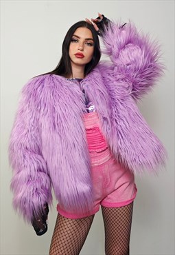 Shaggy fur coat purple collarless cropped festival trench