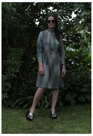 VINTAGE 60'S MIDI GREEN/BROWN PATTERNED BOW DRESS