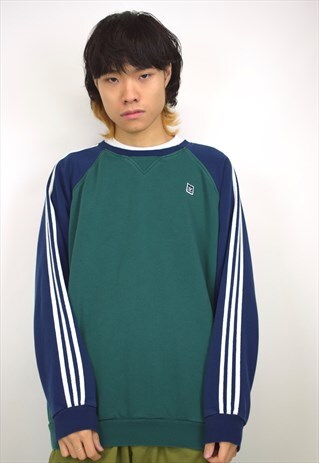 VINTAGE 90S ADIDAS GREEN BLUE STRIPE SLEEVE SWEATSHIRT