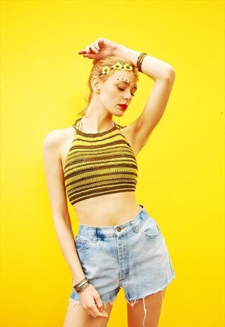 70'S STYLE BOHO FESTIVAL JAZZY CROCHET HALTER CROP TOP