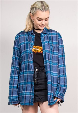 VINTAGE 90'S BLUE GRUNGE CHECK PATTERN FLANNEL SHIRT