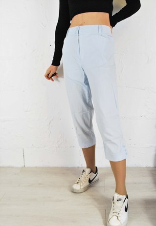 VINTAGE GINGHAM PANTS TROUSERS 3/4 LENGTH BABY BLUE