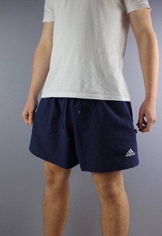 VINTAGE ADIDAS SHORTS IN NAVY WITH POCKETS, EMBROIDERED LOGO