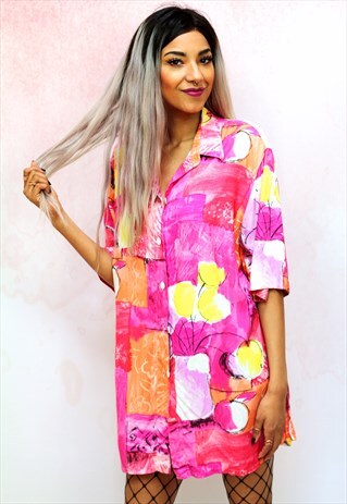 1990S VINTAGE PINK WITH YELLOW VISCOSE OVERSIZED SHIRT