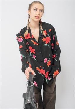 Vintage Grunge Oversized Long Sleeve Floral Printed Shirt L