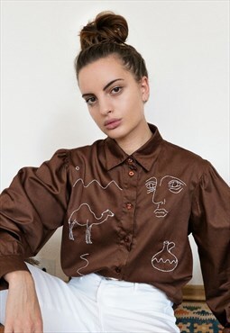 Hand embroidered brown shirt with puff sleeves