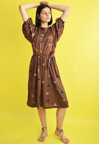 VINTAGE 80'S RETRO ABSTRACT PRINT BROWN MIDI ELEGANT DRESS