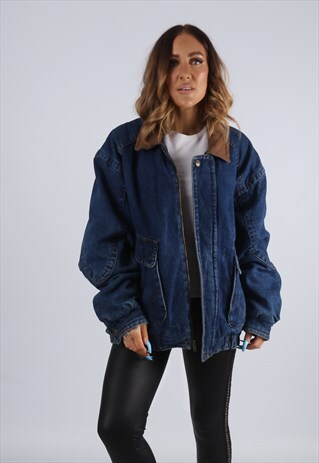 VINTAGE DENIM BOMBER JACKET OVERSIZED FITTED UK 16 XL (CJBC)