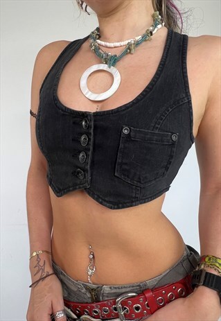 VINTAGE Y2K WAISTCOAT CROPPED TOP VEST GRUNGE 90S