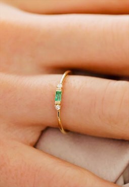 Emerald Green Cubic Zirconia Ring, Dainty Gold Ring