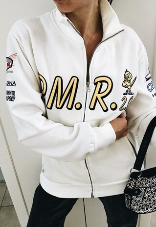 VINTAGE Y2K LOGOMANIA RACER FULL ZIP VELVET SWEATSHIRT WHITE