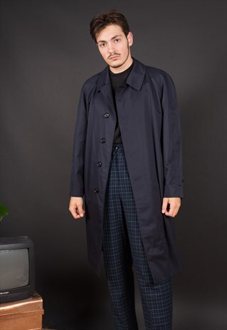 NAVY BURBERRYS NOVA CHECK TRENCH CAR COAT