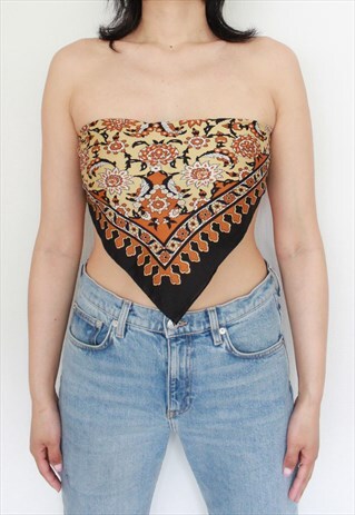 Y2K VINTAGE BROWN GOLD FLORAL BANDANA SCARVES TOP SCARF