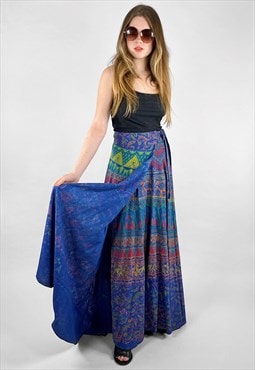 1970's Vintage Blue Batik Print Long Cotton Maxi Skirt Wrap