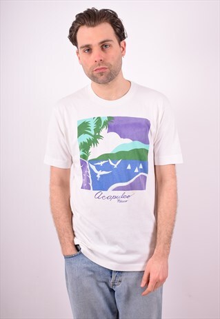 MENS VINTAGE T-SHIRT TOP MEDIUM WHITE 90S
