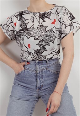 Vintage 60s Batwing Graphic Floral Chic Blouse S/M