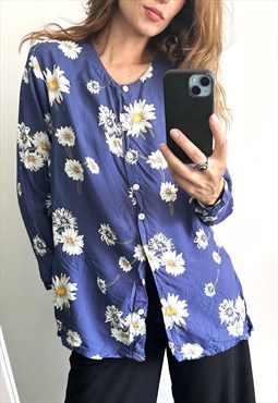 Retro Blue Floral Chamomile Print Summer Jacket - M