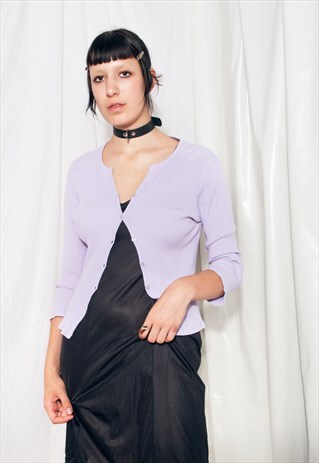 Vintage Cardigan Y2K Pastel Purple Ribbed Cotton Sweater