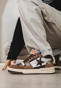 Star patch sneakers chunky sole trainers skater shoes brown