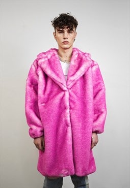 Pink fur coat neon long trench fluorescent grunge jacket