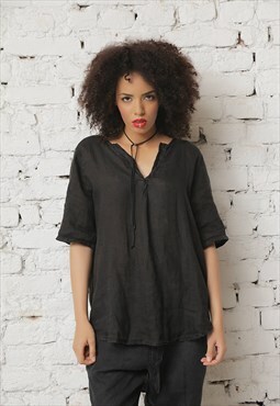 Buttonless linen blouse with elongated back 