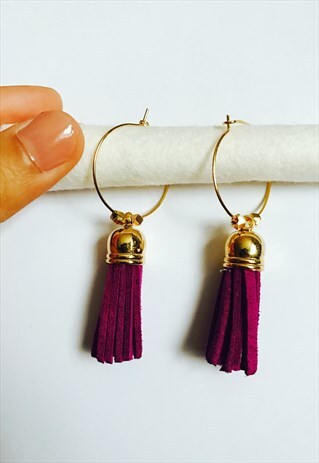 PLUM PURPLE LARGE TASSEL GOLD HOOP EARRINGS