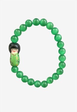 Kokeshi Doll Green Cats Eye Beaded Gemstone Gift Bracelet