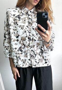 80s White Floral Shirt With Short Sleeved 