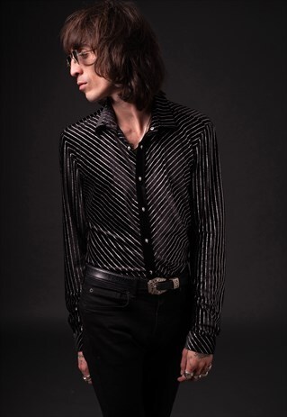 MENS BLACK VELVET STRIPED SKULL BUTTON SHIRT