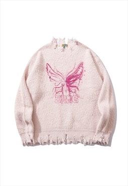 Butterfly sweater fluffy jumper ripped pullover soft top