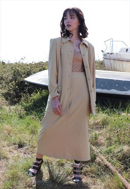 90s Camel Beige Jacket & Skirt Two Piece Suit Co-ord
