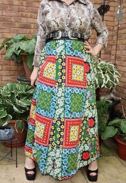 Vintage 60s Green Patchwork Floral Pattern Festival Skirt