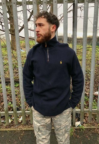 VINTAGE RALPH QUARTER ZIP BLUE POLO JUMPER SWEATER