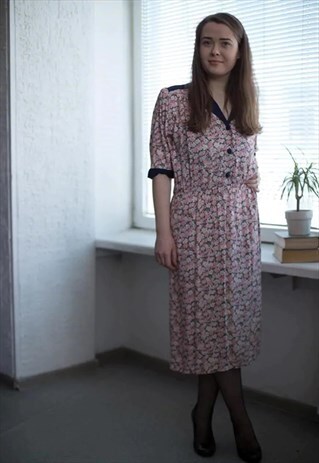 VINTAGE 80'S PINK FLOWER PRINT MIDI DRESS