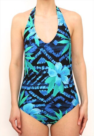 VINTAGE 80S BLUE HAWAIIAN FLORAL PRINT SWIMSUIT