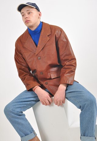 VINTAGE REAL LEATHER BLAZER JACKET IN BROWN