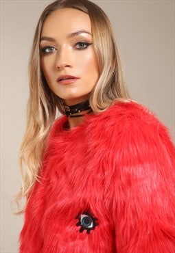 Red Faux Fur Sequin Multi Eyes Jacket