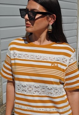 Fila cream and gold crochet sheer stripe tshirt