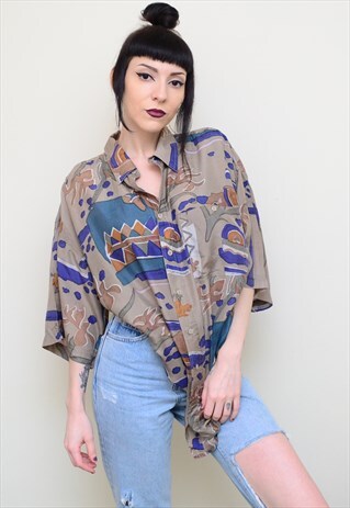 VINTAGE 90'S SILK ABSTRACT PATTERNED OVERSIZED SHIRT