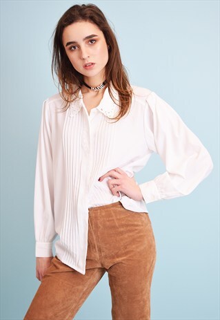 80'S WHITE EMBROIDERY MINIMALIST OVERSIZED CLASSY SHIRT