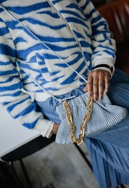 Baby Blue Pleated Mini Clutch With Square Chain Strap